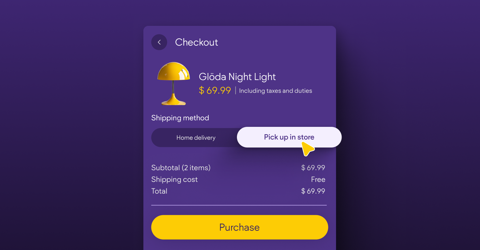 A screenshot of a checkout page for a lamp on a purple background.