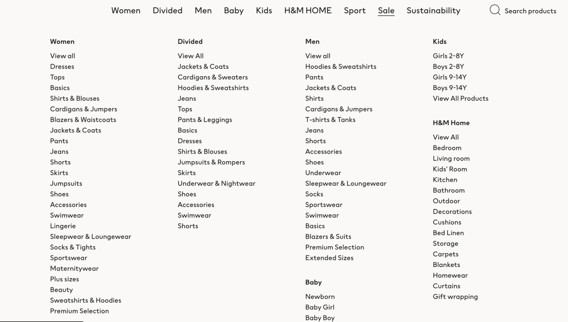 A screenshot of H&M categories on their website - the sale category