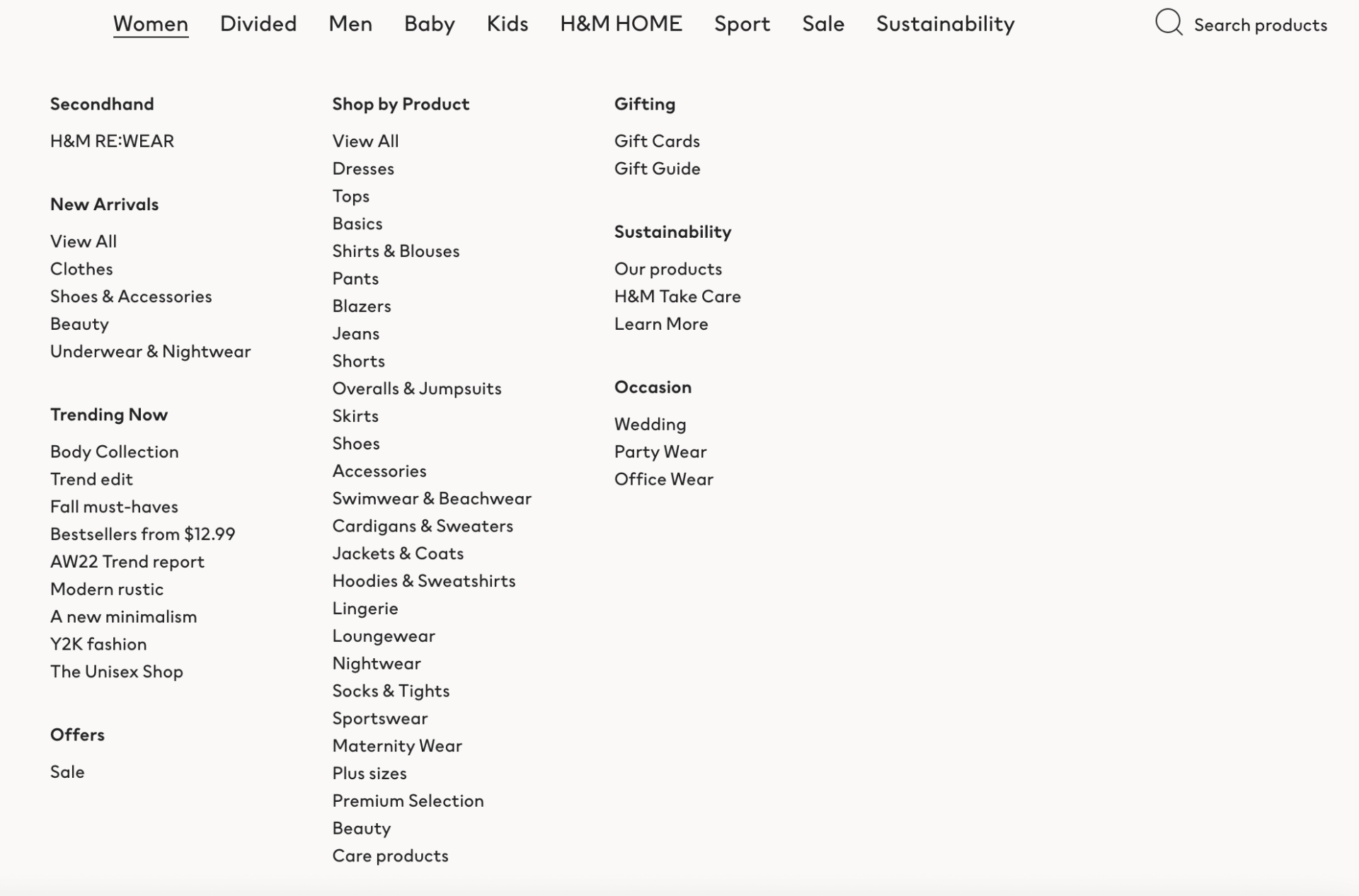 A screenshot of H&M categories on their website