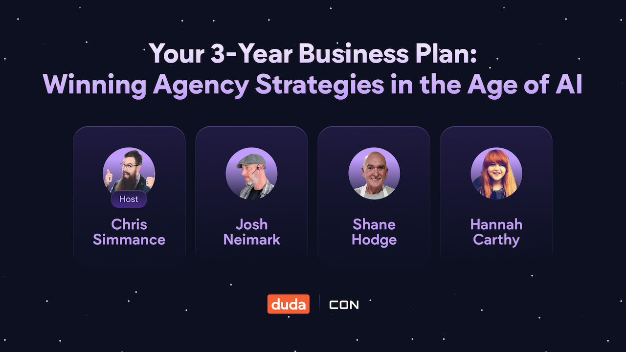 The text “Your 3-Year Business Plan: Winning Agency Strategies in the Age of AI” placed above a row of webinar speaker images representing “Chris Simmance (Host), Josh Neimark, Shane Hodge, and Hannah Carthy.”