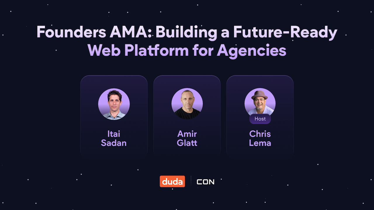 The text “Founders AMA: Building a Future-Ready Web Platform for Agencies” placed above a row of webinar speaker images representing “Itai Sadan, Amir Glatt, and Chris Lema (Host).”