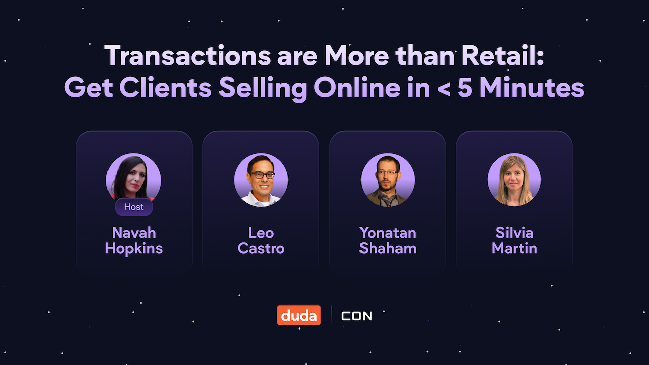 The text “Transactions are More Than Retail: Get Clients Selling Online in Less Than 5 Minutes” placed above a row of webinar speaker images representing “Navah Hopkins (Host), Leo Castro, Yonatan Shaham, and Silvia Martin.”