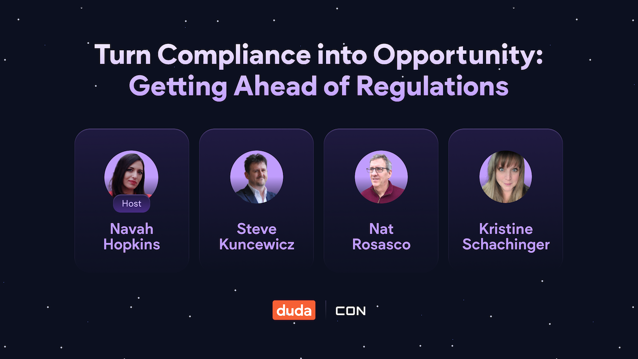 The text “Turn Compliance into Opportunity: Getting Ahead of Regulations” placed above a row of webinar speaker images representing “Navah Hopkins (Host), Steve Kuncewicz, Nat Rosacsco, and Kristine Schachinger.”
