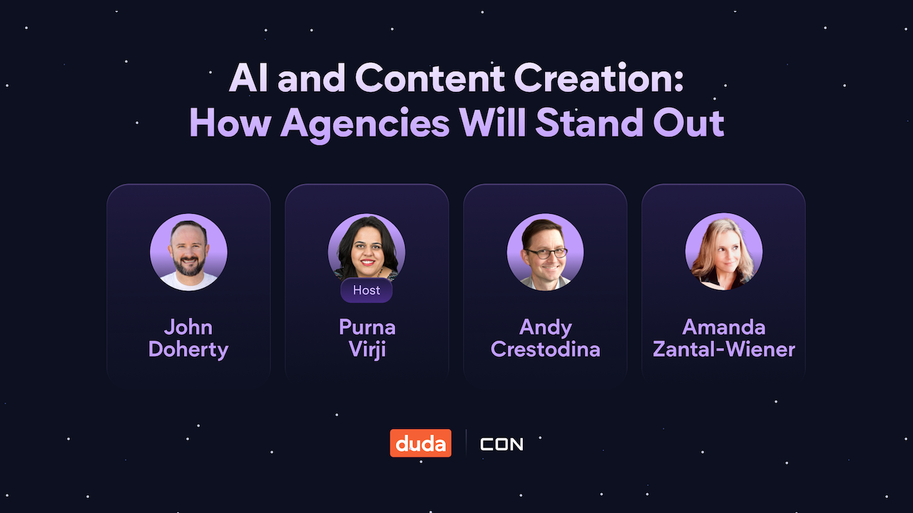 The text “AI and Content Creation: How Agencies Will Stand Out” placed above a row of webinar speaker images representing “John Doherty, Purna Virji (Host), Andy Crestodina, and Amanda Zantal-Wiener.”