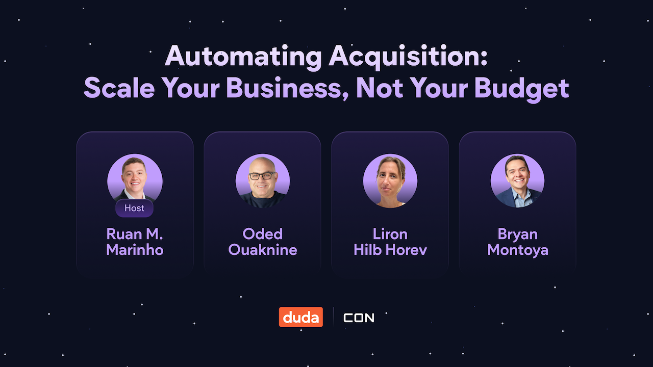 The text “Automating Acquisition: Scale Your Business, Not Your Budget” placed above a row of webinar speaker images representing “Ruan M. Marinho (Host), Oded Ouaknine, Iron Hill Horev, and Bryan Montoya.”