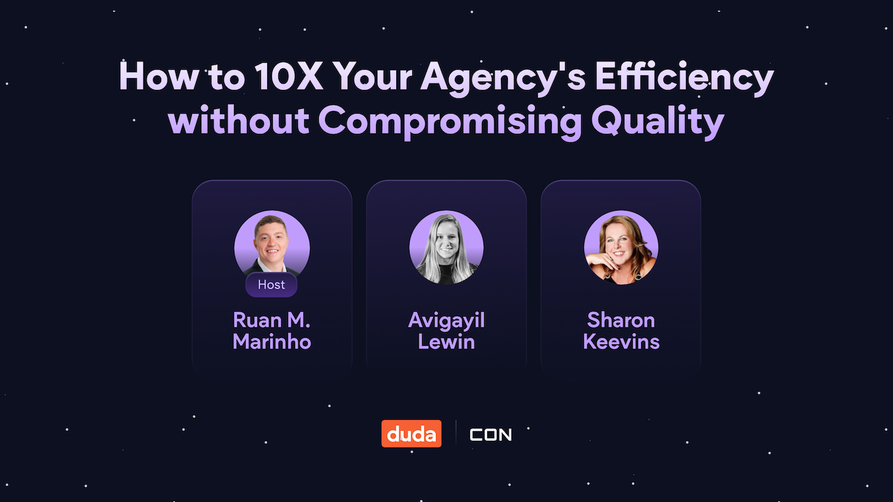The text “How to 10X Your Agency’s Efficiency without Compromising Quality” placed above a row of webinar speaker images representing “Ruan M. Marinho, Avigayil Lewin, and Sharon Keevins.”