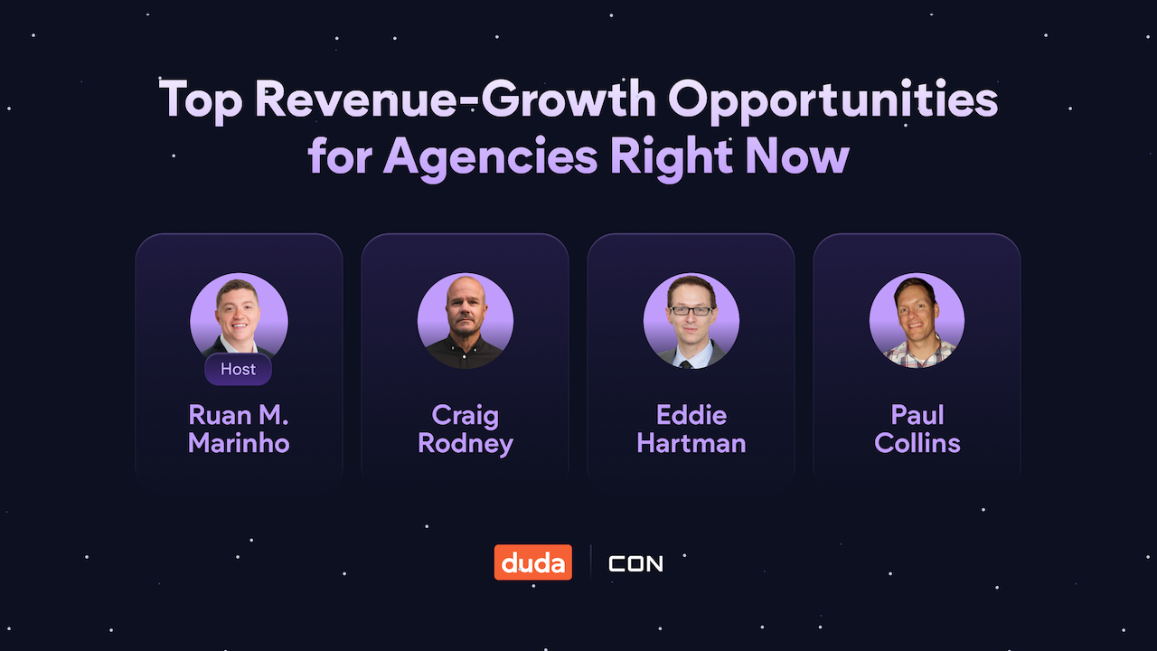 The text “Top Revenue-Growth Opportunities for Agencies Right Now” placed above a row of webinar speaker images representing “Ruan M. Marinho, Craig Rodney, Eddie Hartman, and Paul Collins.”