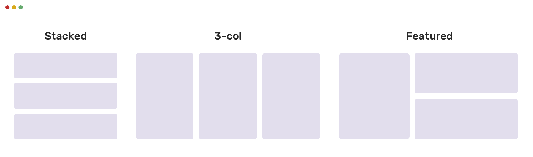 an illustration showing three different types of layouts for CSS grids: stacked, 3-col and featured.