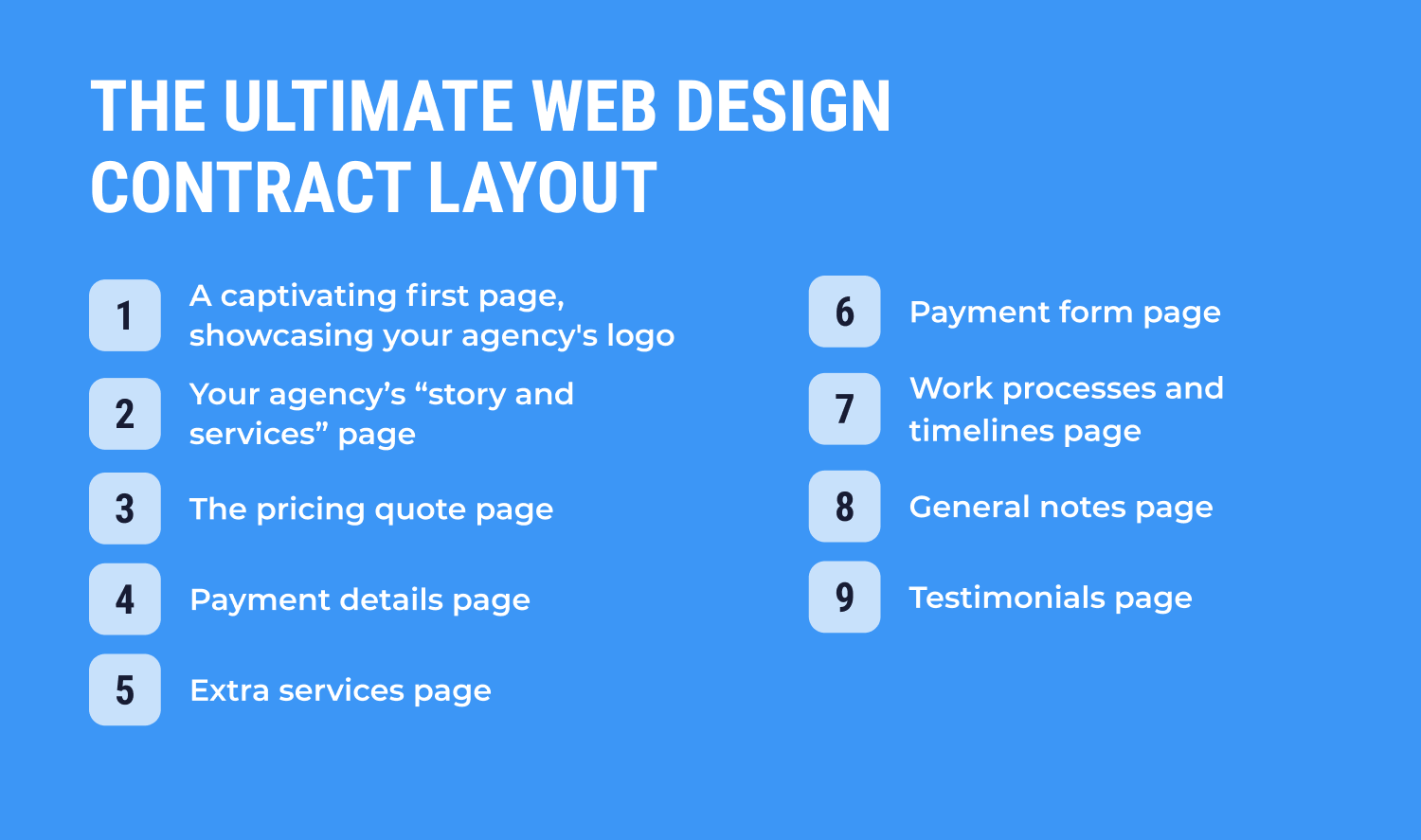 the ultimate web design contract layout is shown on a blue background