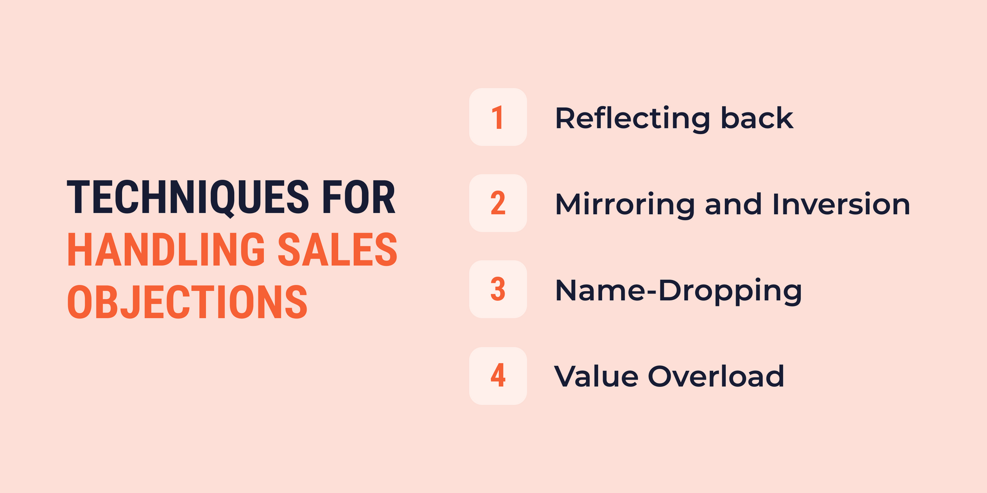 a list of techniques for handling sales objections including reflecting back , mirroring and inversion , name dropping and value overload .