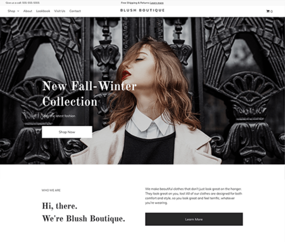 A website homepage for blush boutique shows a woman in a coat