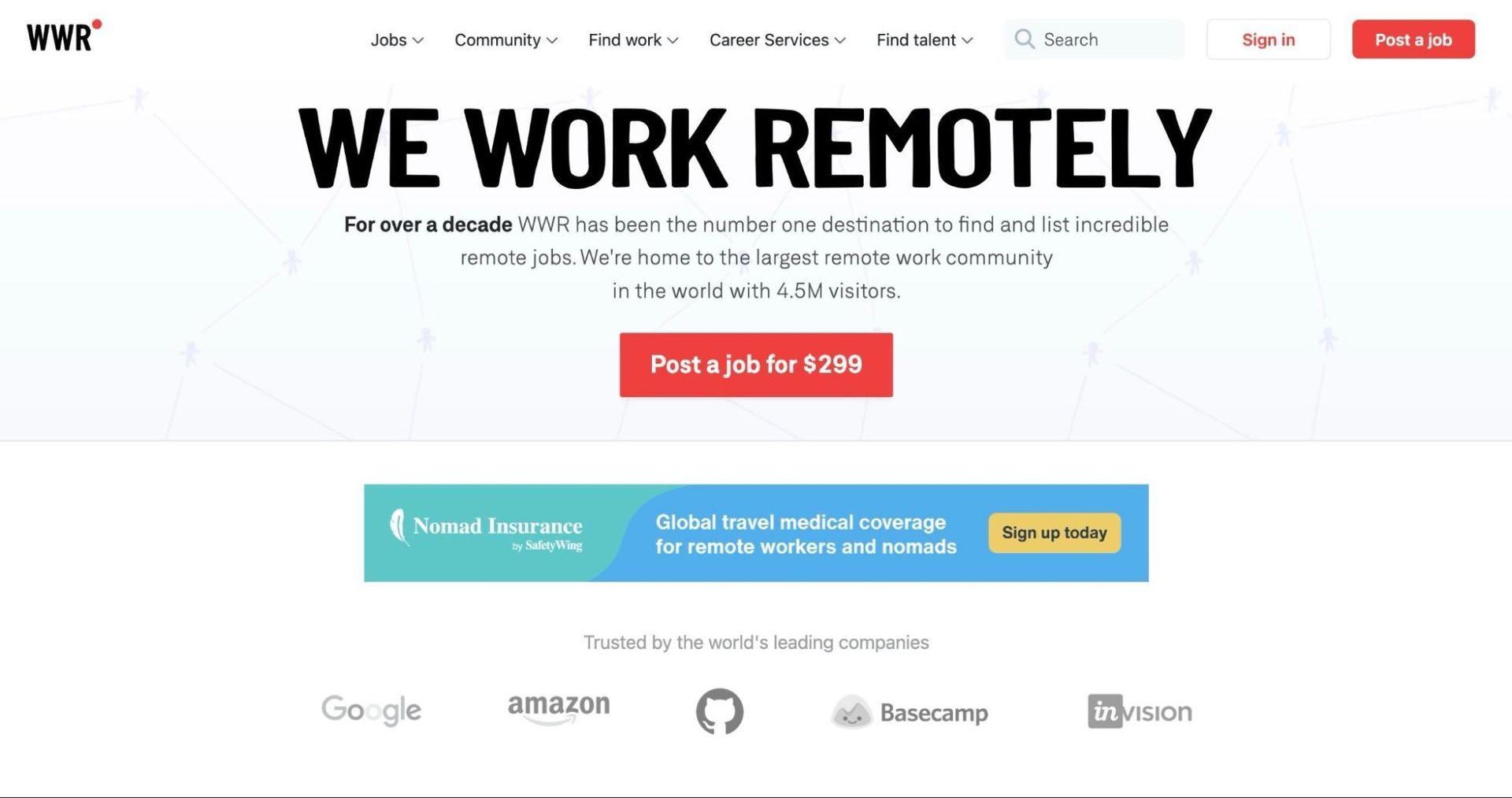 A screenshot of We Work Remotely's website