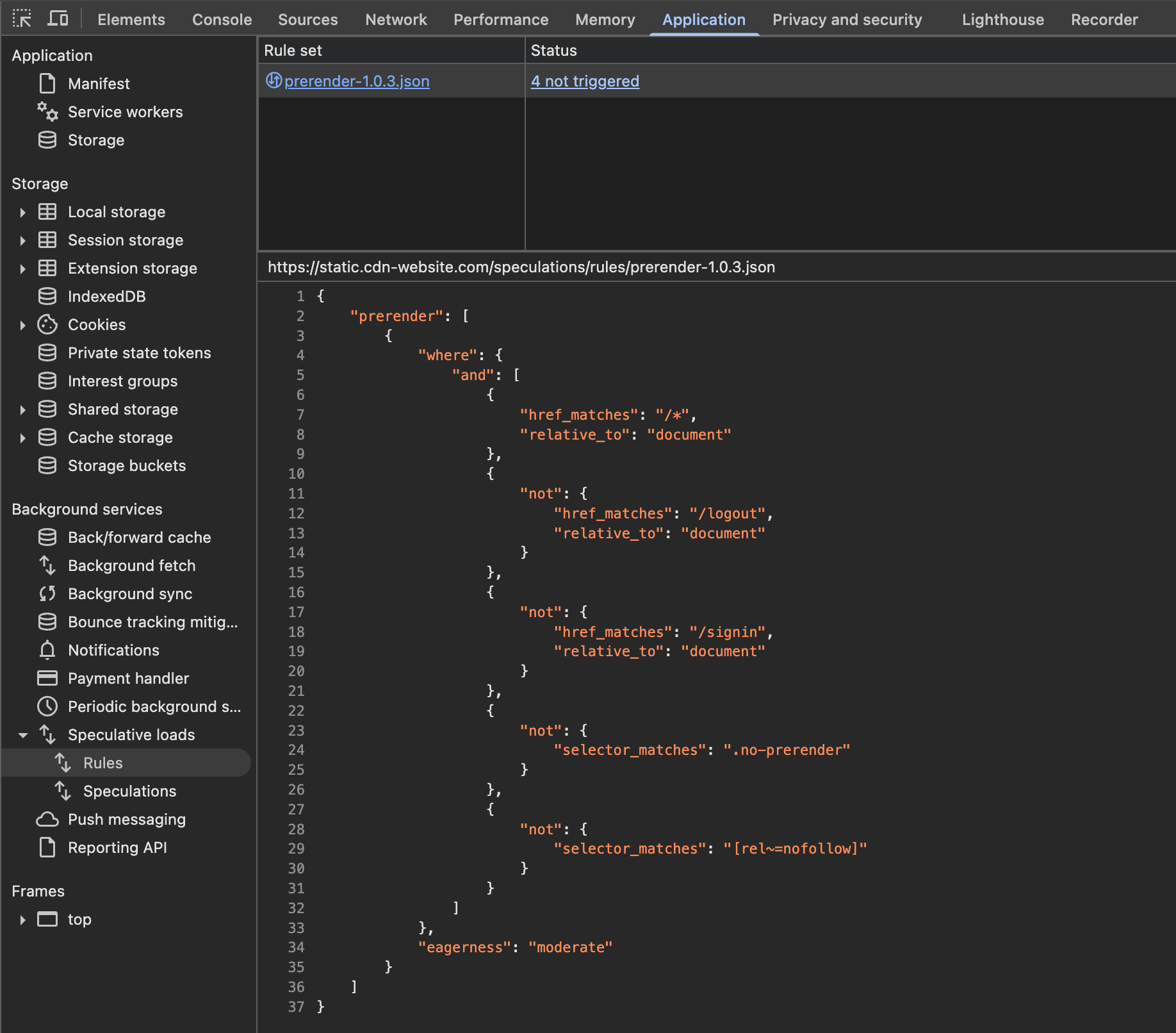 A screenshot of Chrome DevTools, showing speculation rules.