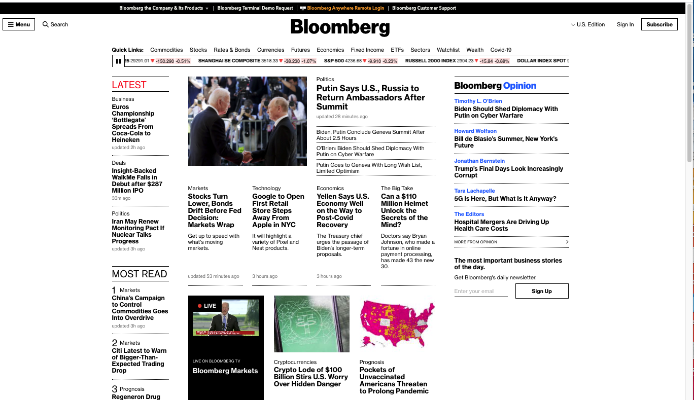 A screenshot of Bloomberg in English