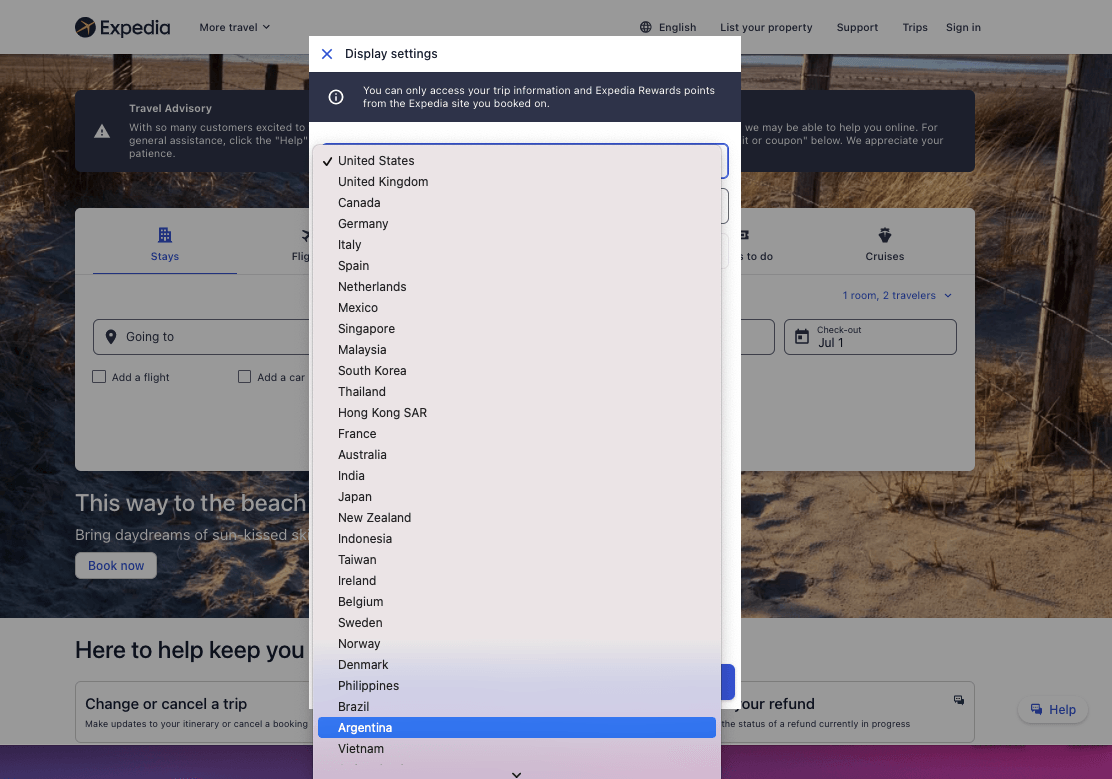A screenshot of Expedia selecting a language