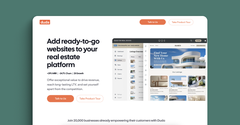 A screenshot of a Duda landing page aimed at real estate SaaS companies