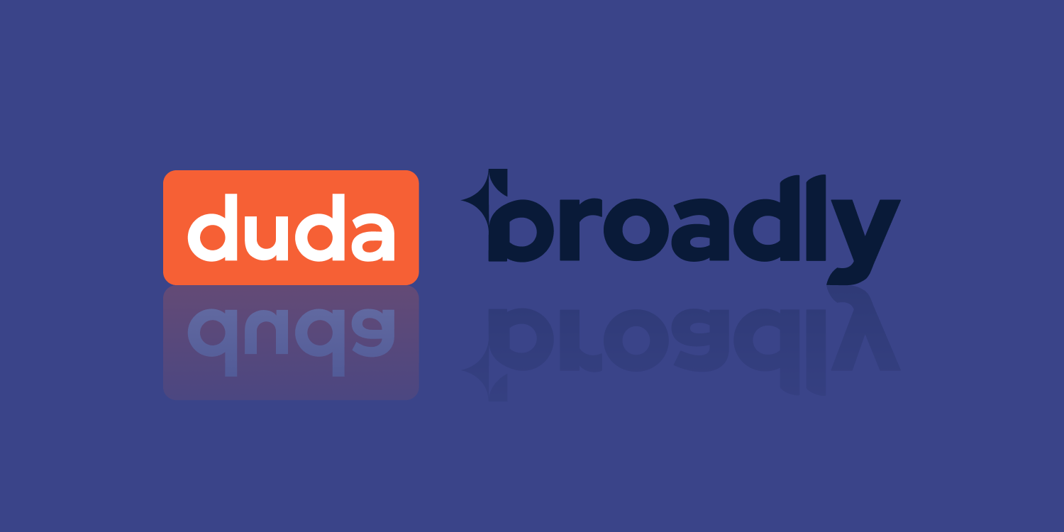 Duda and Broadly logos on a blue background