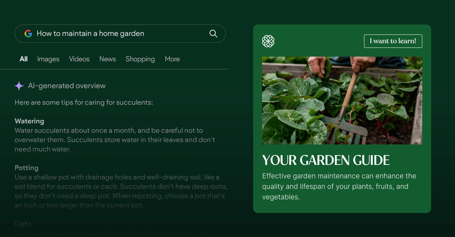 A person is raking plants in a garden on a website.