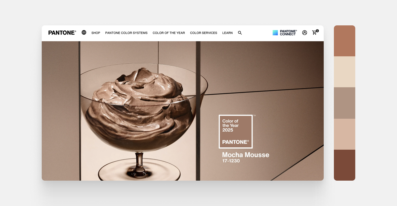 A screenshot of Pantone's website presenting the Mocha Mousse color