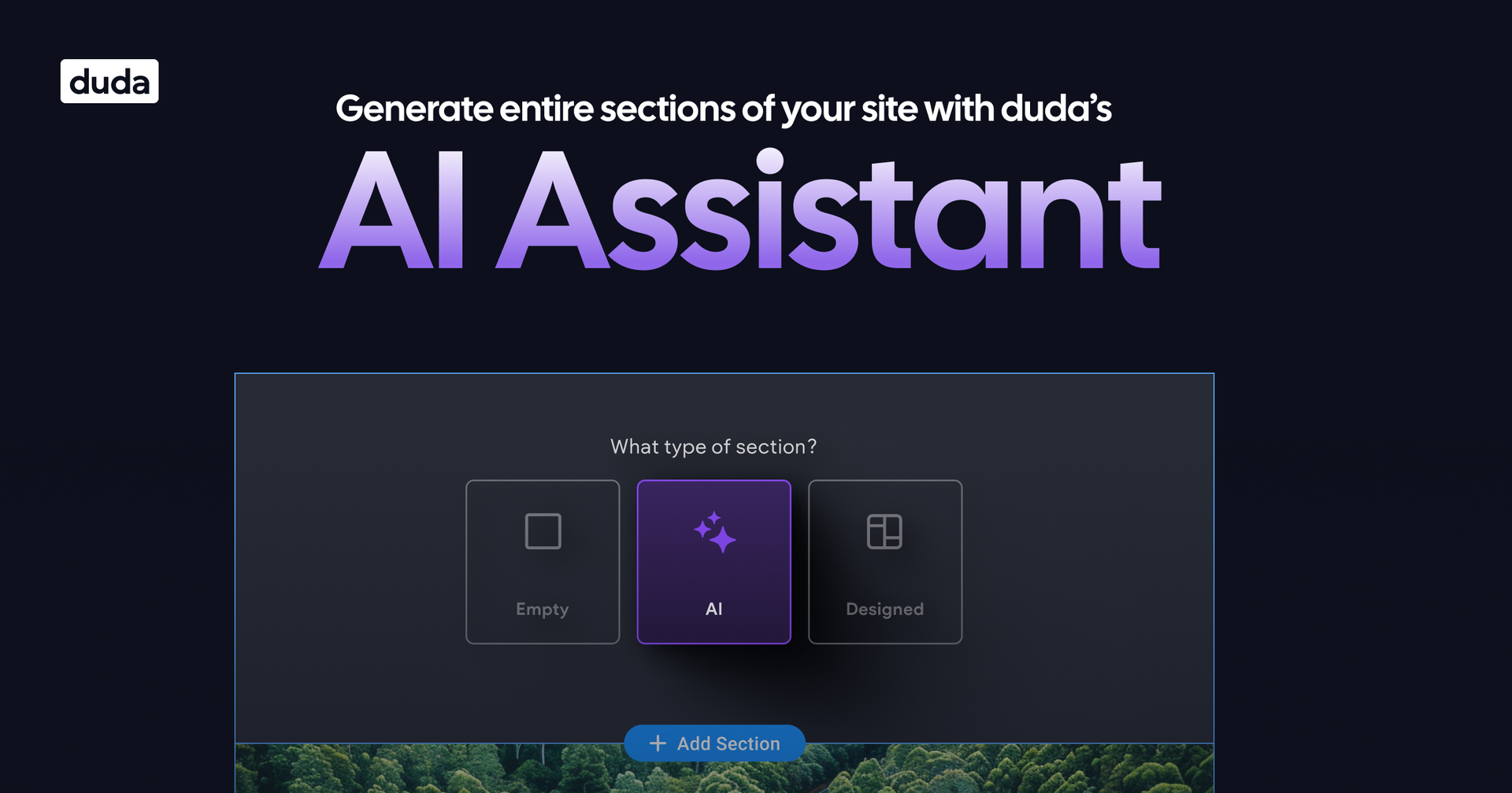 A banner that says `Generate entire sections of your site with Duda's AI Assistant´