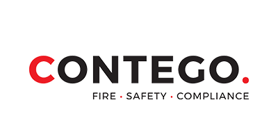 Logo for Contego featuring the company name in black and red, with the text