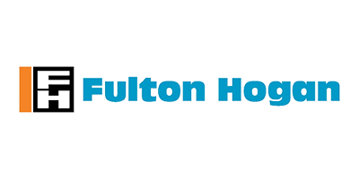 Logo for Fulton Hogan featuring a stylized orange and black 'FH' icon next to the company name in blue text.