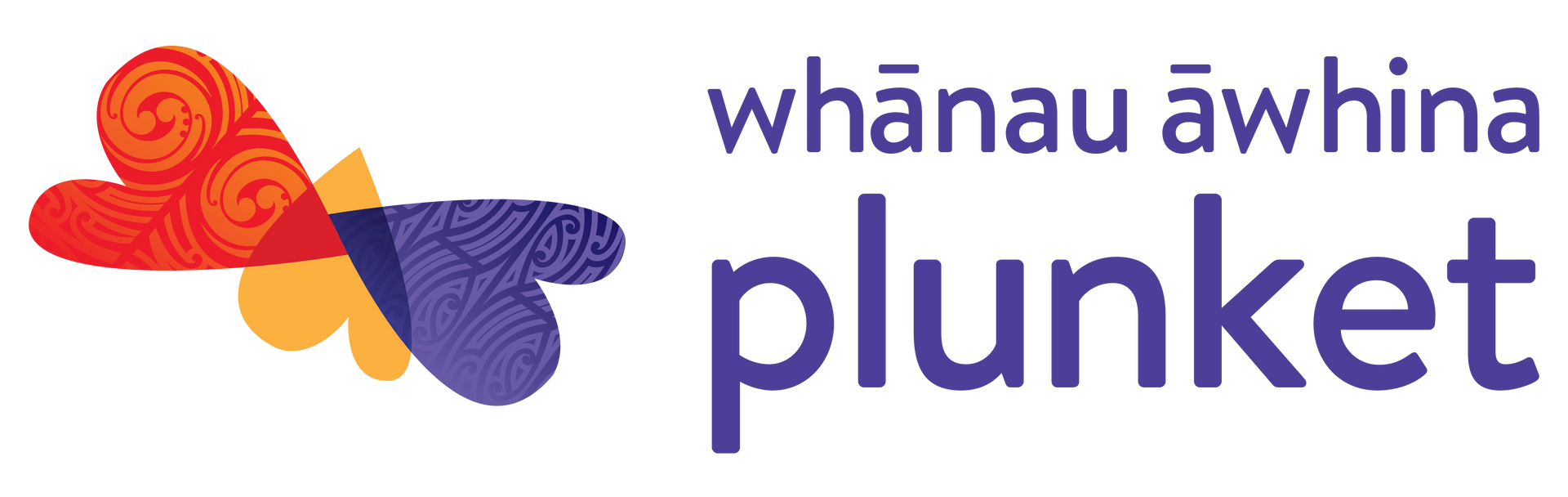 Logo for Whānau Āwhina Plunket featuring an abstract butterfly icon in orange, yellow, and purple alongside the text.