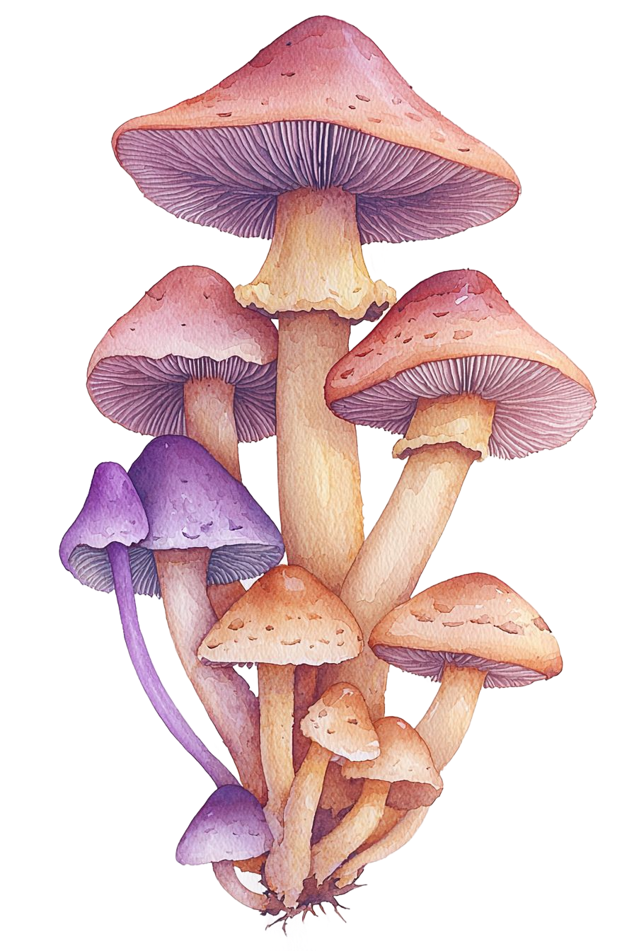 Watercolor painting of a cluster of colorful mushrooms: purple, pink, and tan caps, with tan stems.