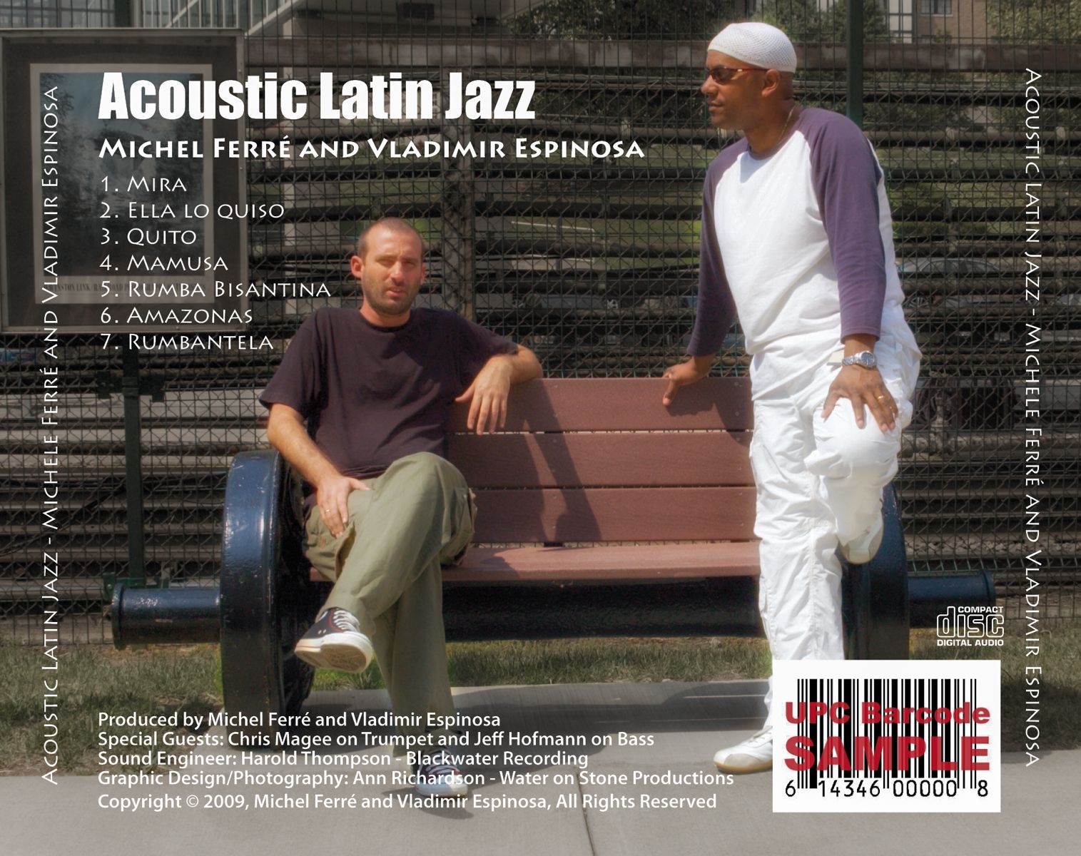 Two men sitting on a bench with acoustic latin jazz written above them