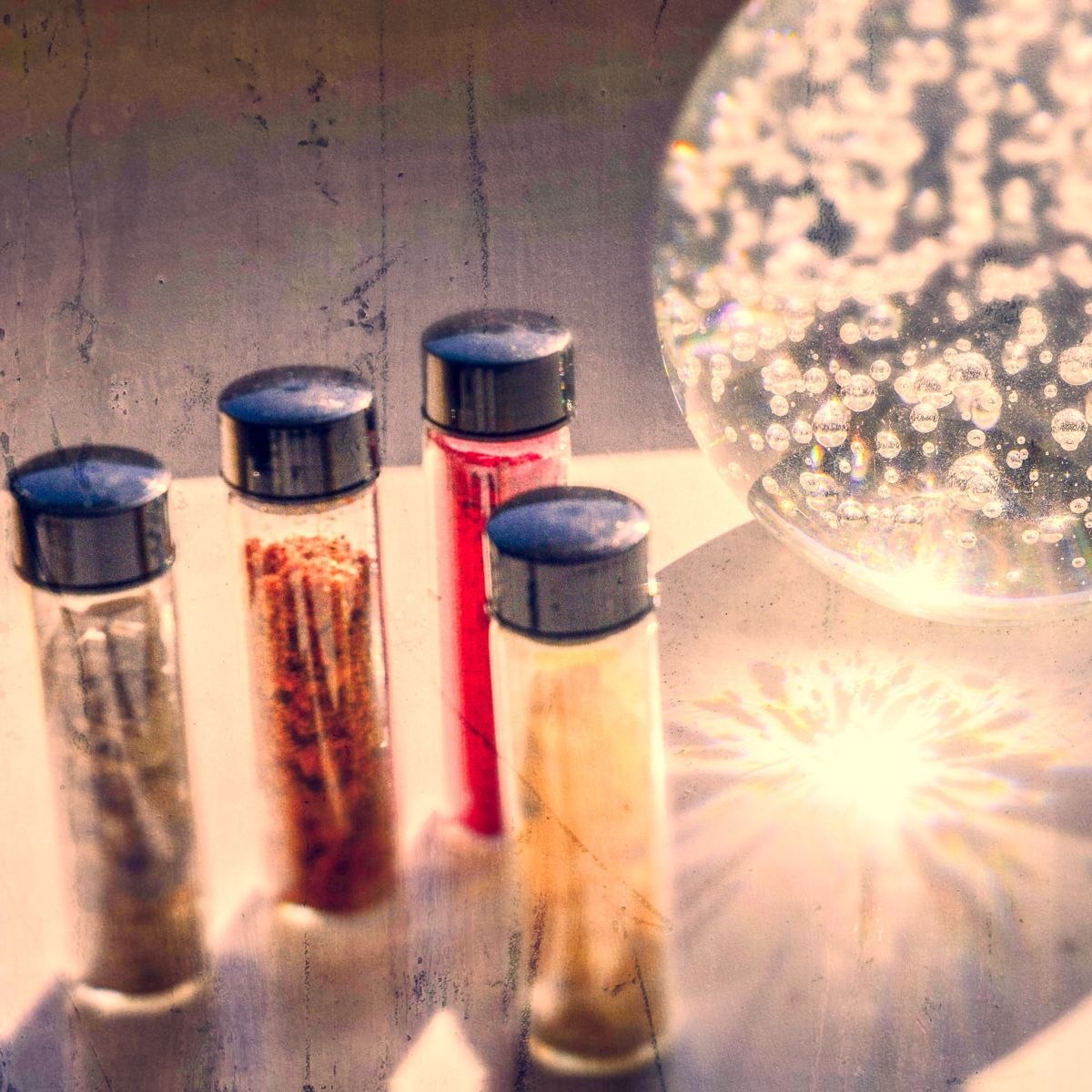 Four bottles of different colored liquid are sitting on a table