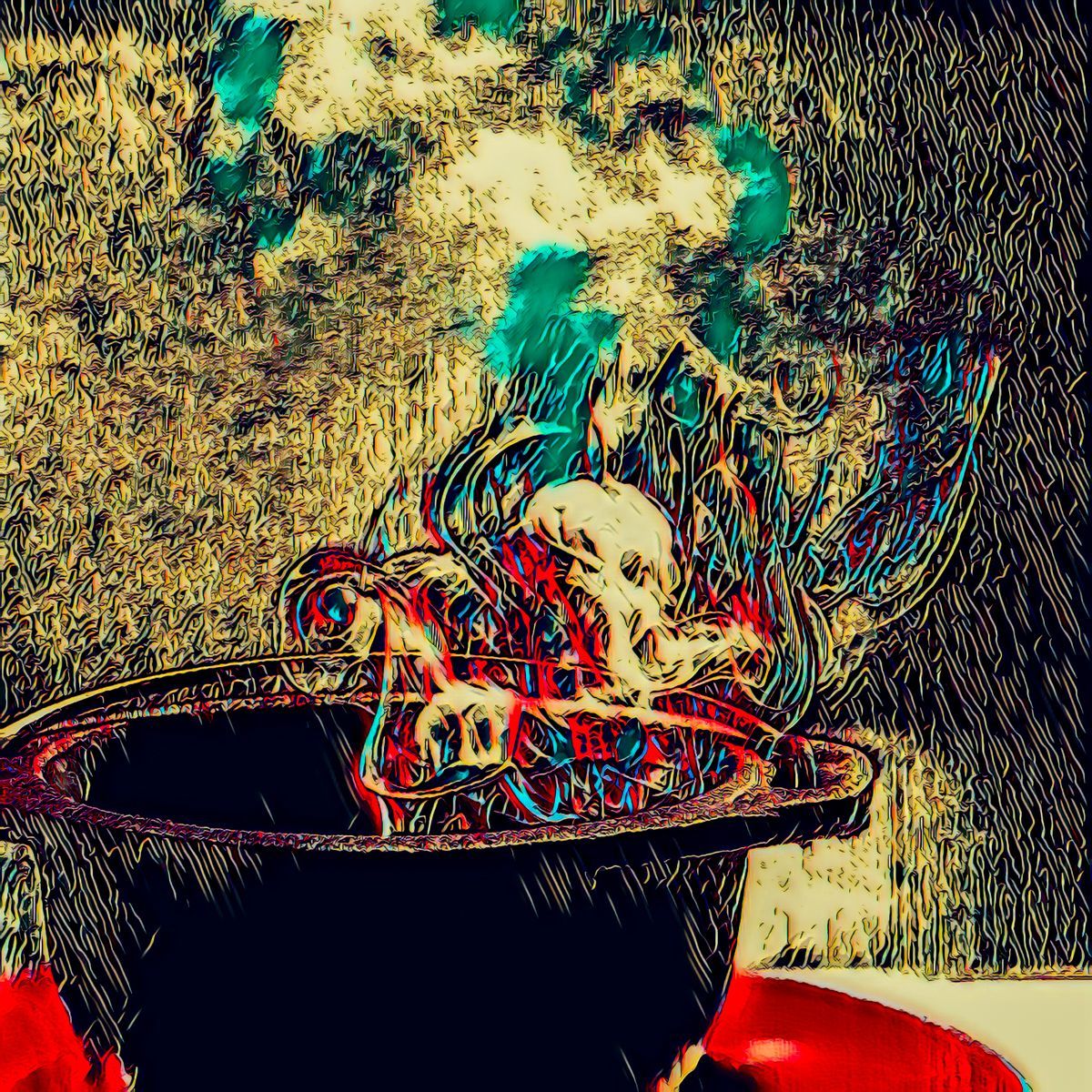 A painting of a top hat with smoke coming out of it