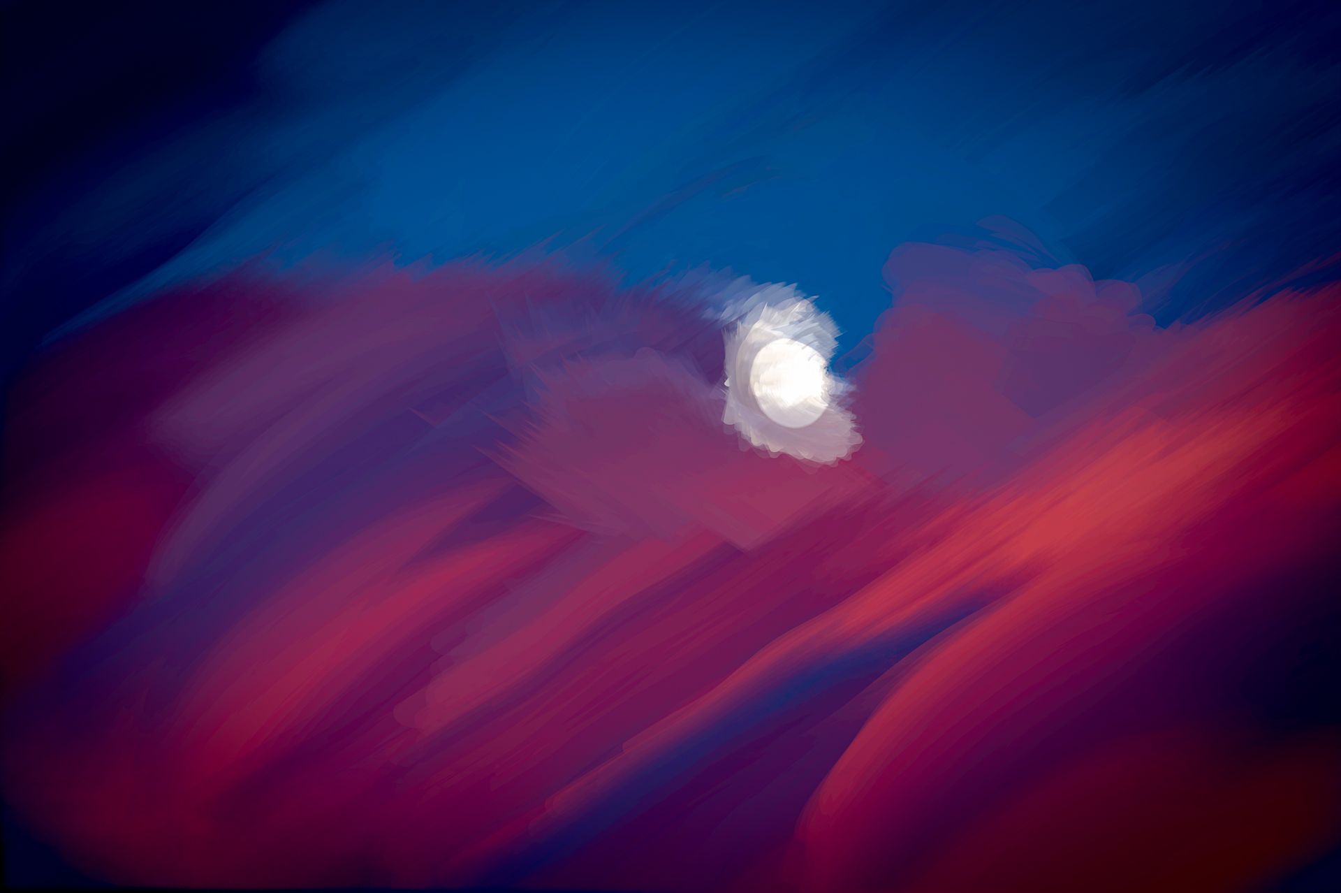 a photographic illustration of a full moon in a cloudy blue and pink sky