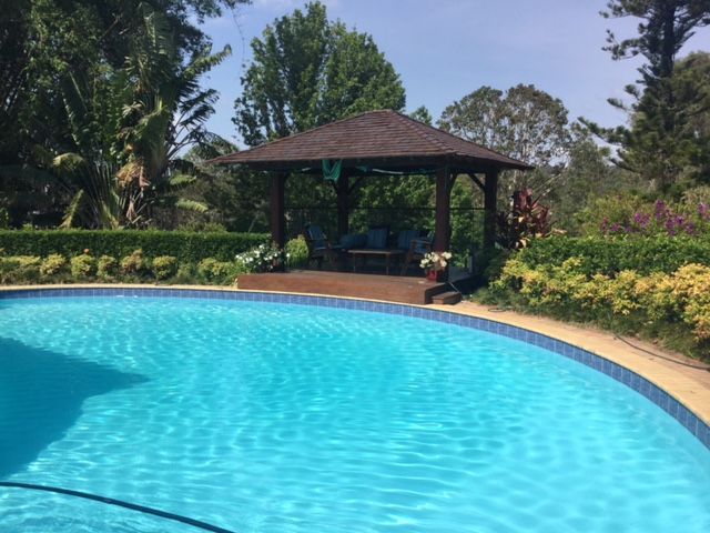 A large swimming pool with a gazebo in the background