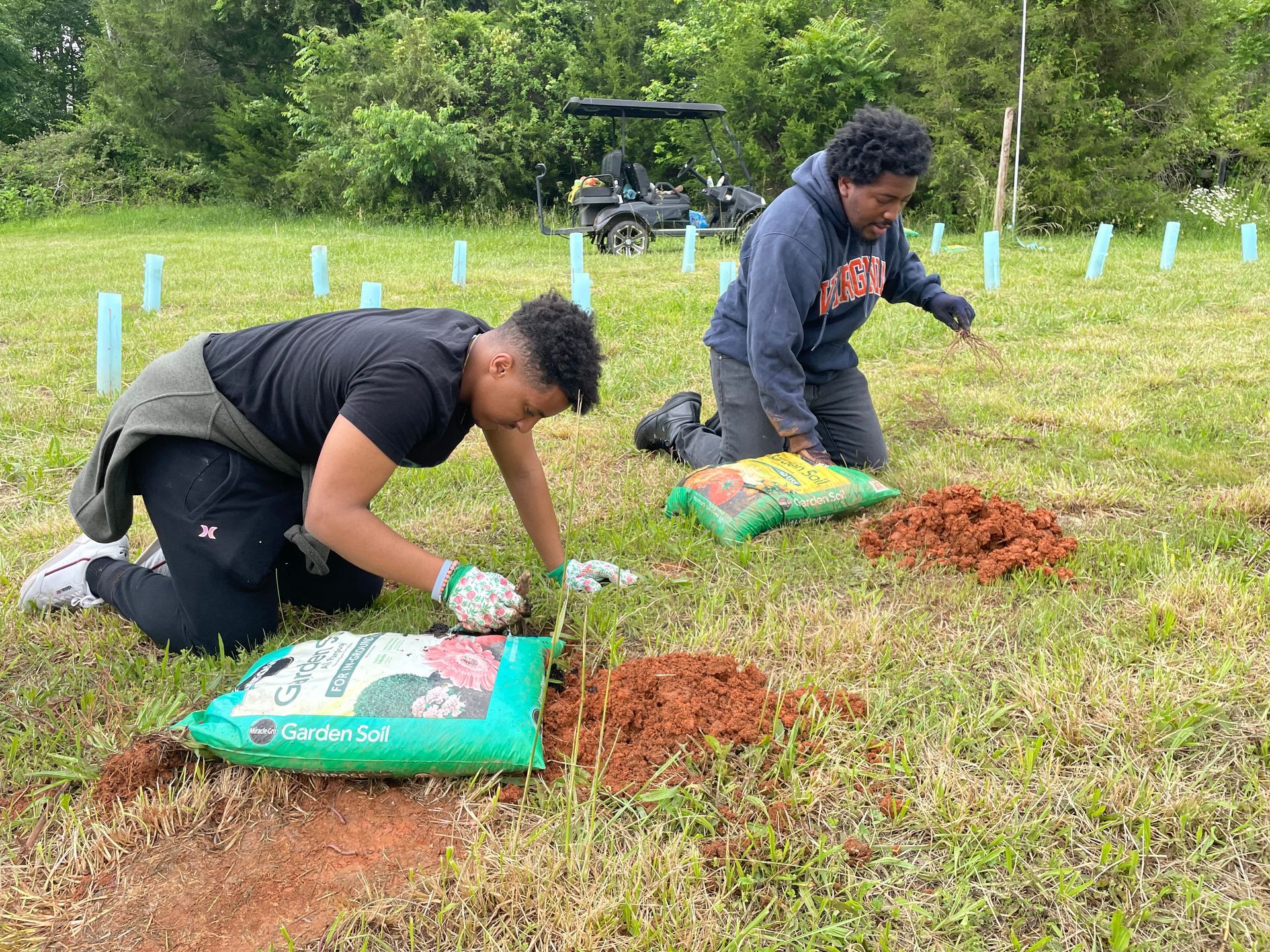 Two men are kneeling down in a field planting trees.