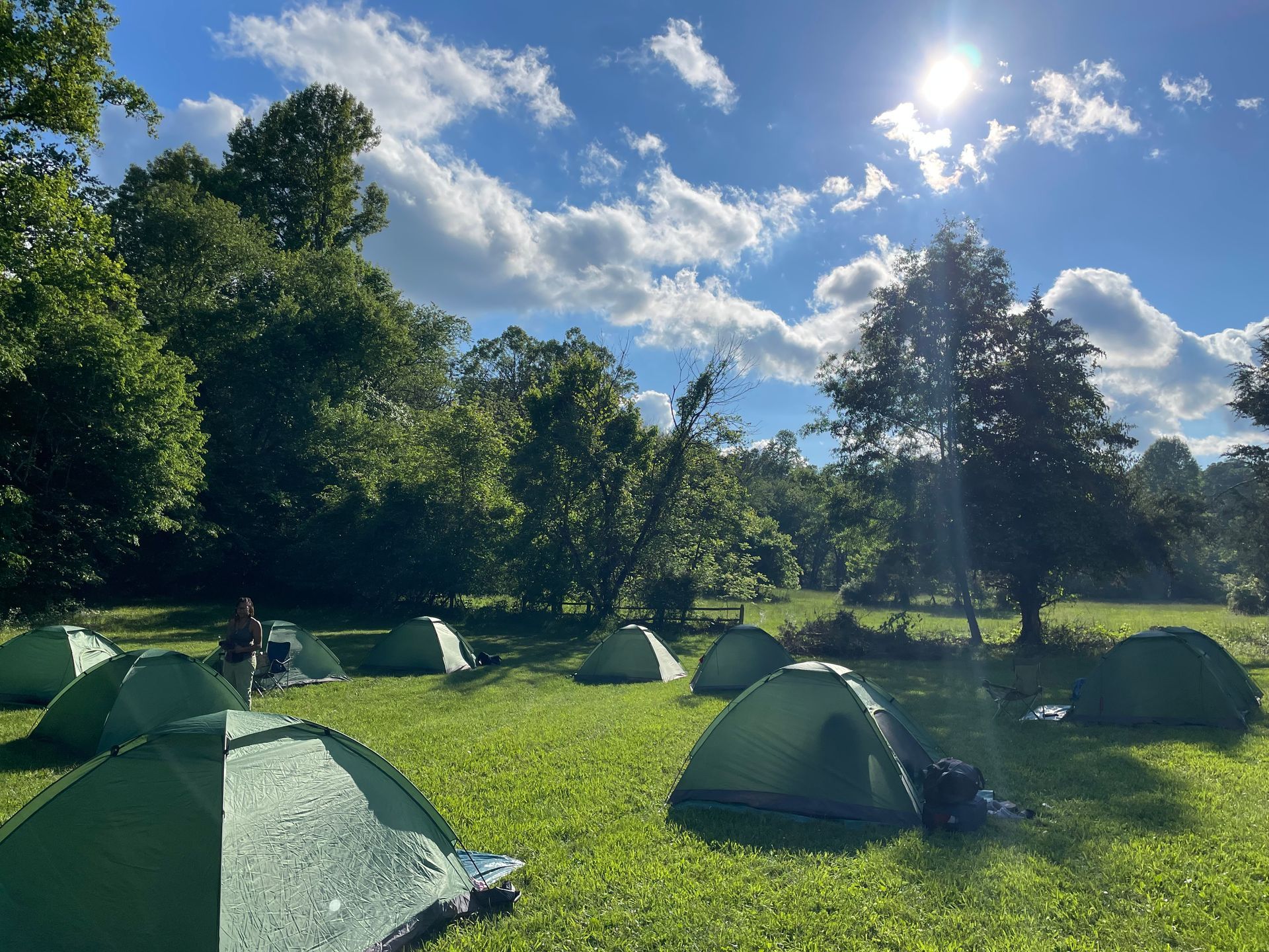 A group of tents are sitting on top of a lush green field.