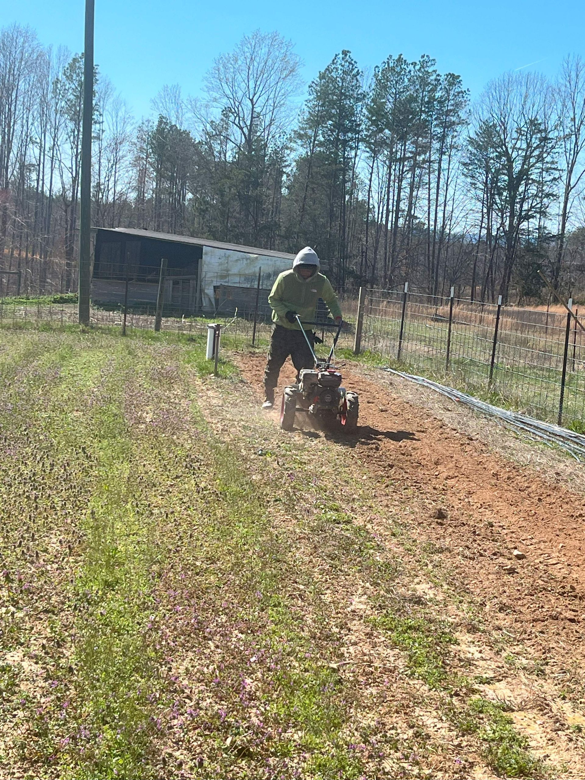 A man is using a lawn mower to cut grass in a field.