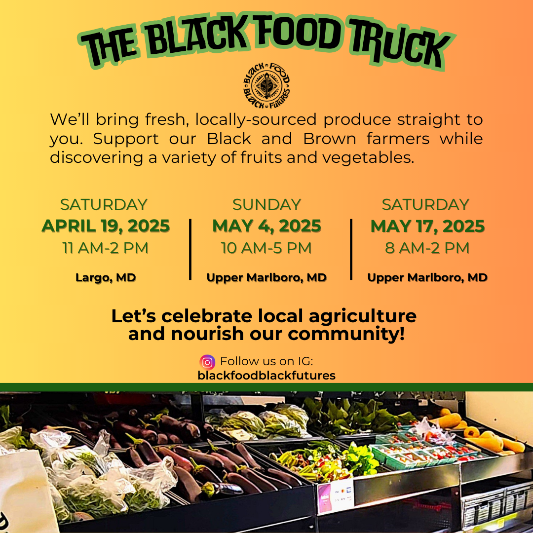 An advertisement for the black food truck shows a variety of fruits and vegetables