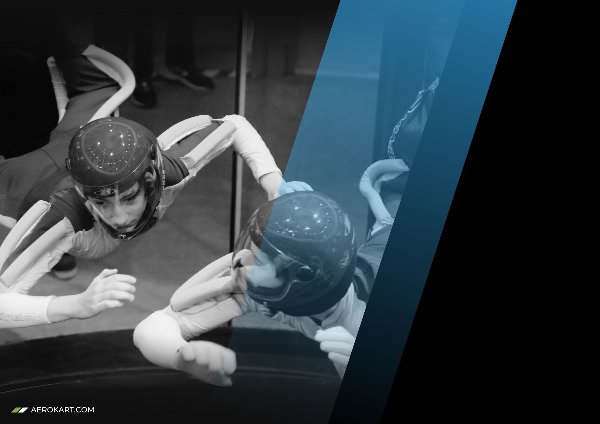 Deux personnes en casques et combinaisons de vol flottant dans une soufflerie verticale ; superposition de dégradés bleus.