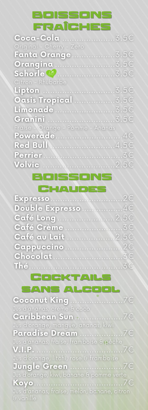 Menu board listing beverages, including fresh and hot drinks and non-alcoholic cocktails.