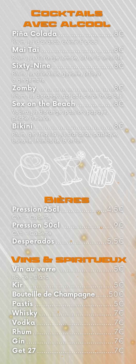 Menu for cocktails, beverages, and drinks. Text is in French.