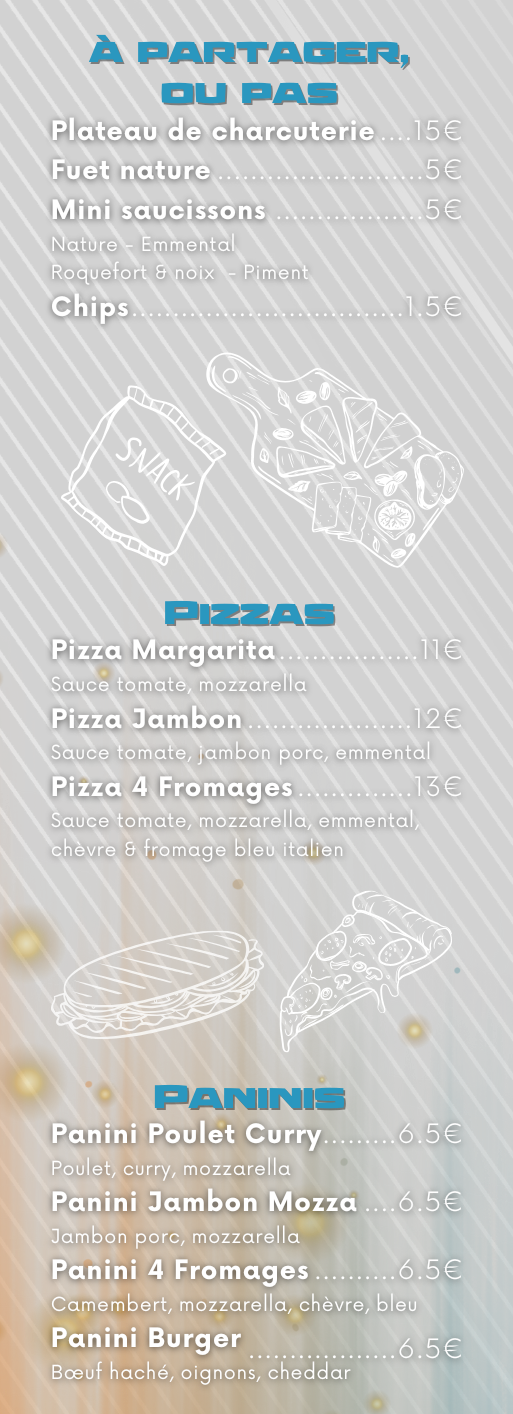 Menu with a list of pizzas, paninis, and appetizers.