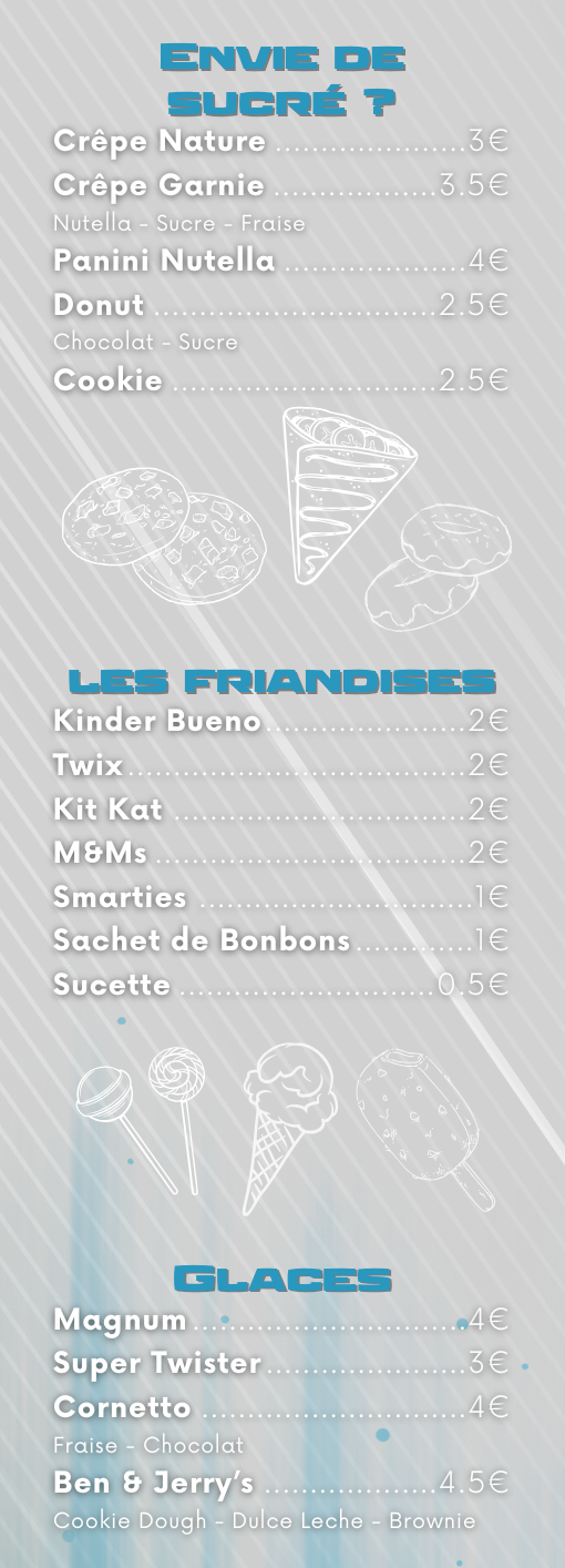 Menu board with desserts including crepes, glaces, and fancies.