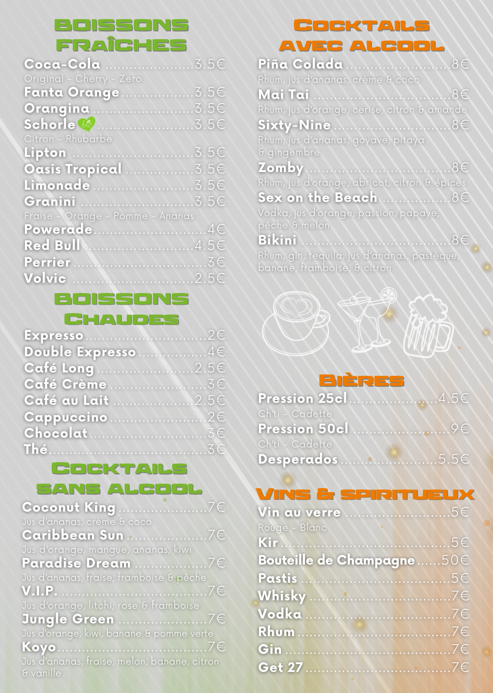 Menu avec options de boissons et de nourriture, divisé en catégories avec les prix indiqués.