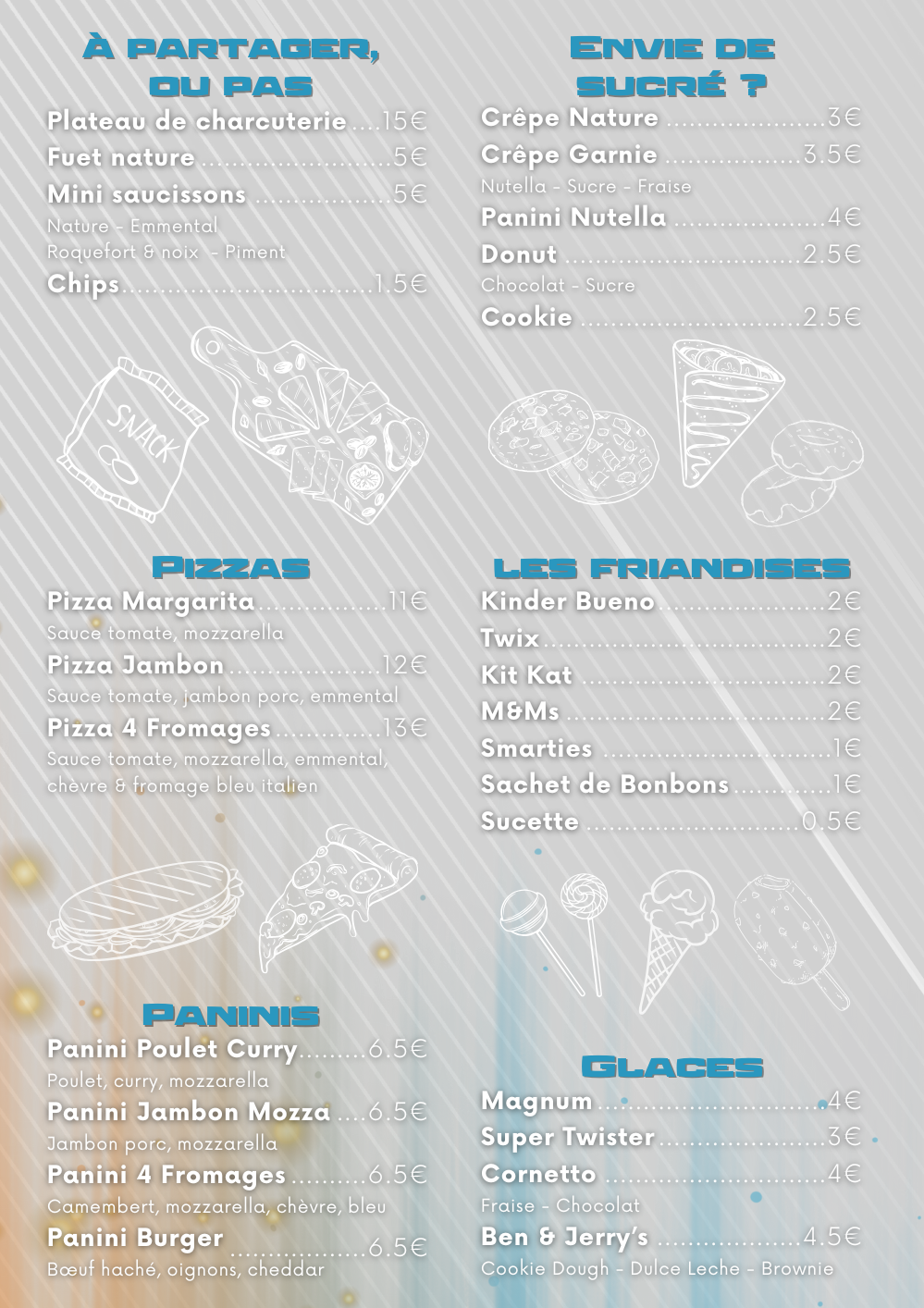 Menu with food items and prices; sections include appetizers, pizzas, paninis, pastries, and ice cream.
