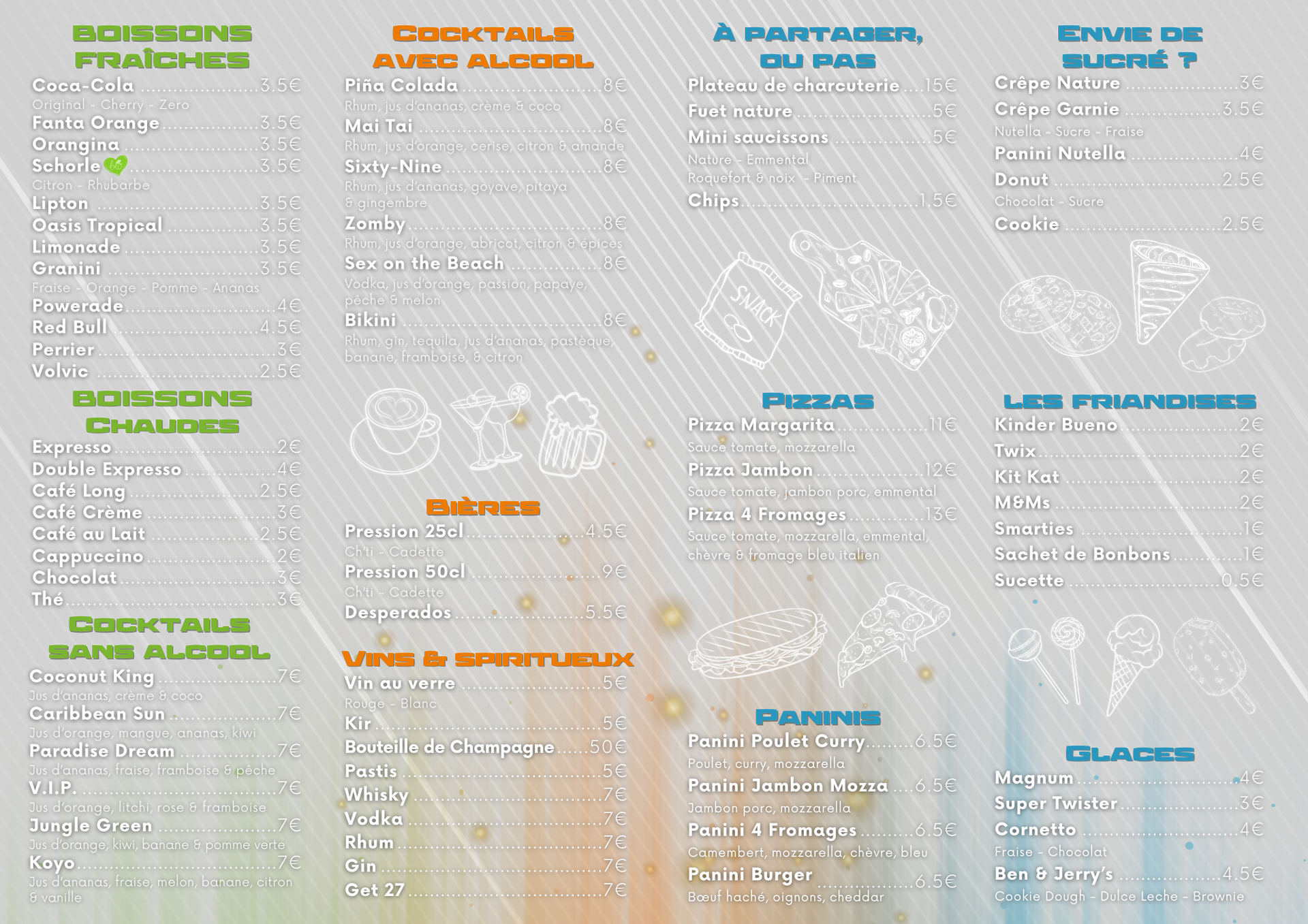 Restaurant menu with drink and food options in French.