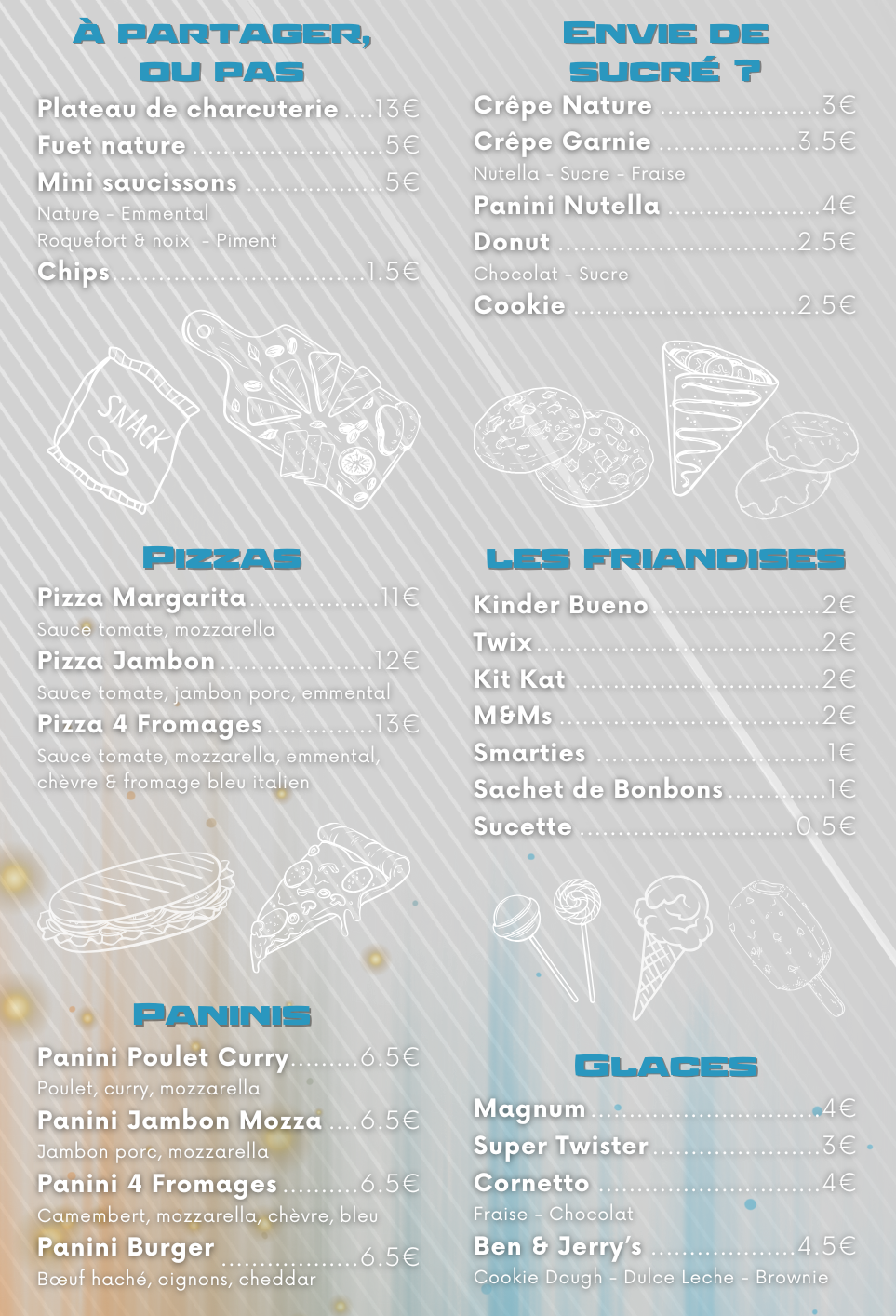 Menu with food items and prices; sections include appetizers, pizzas, paninis, pastries, and ice cream.