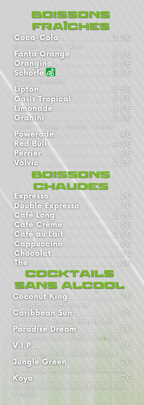 Menu board listing beverages, including fresh and hot drinks and non-alcoholic cocktails.