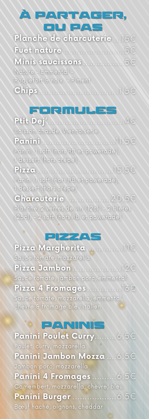 Menu with a list of pizzas, paninis, and appetizers.
