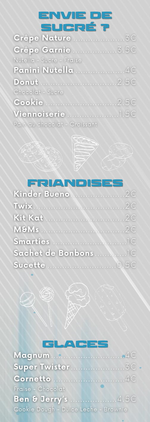 Menu board with desserts including crepes, glaces, and fancies.