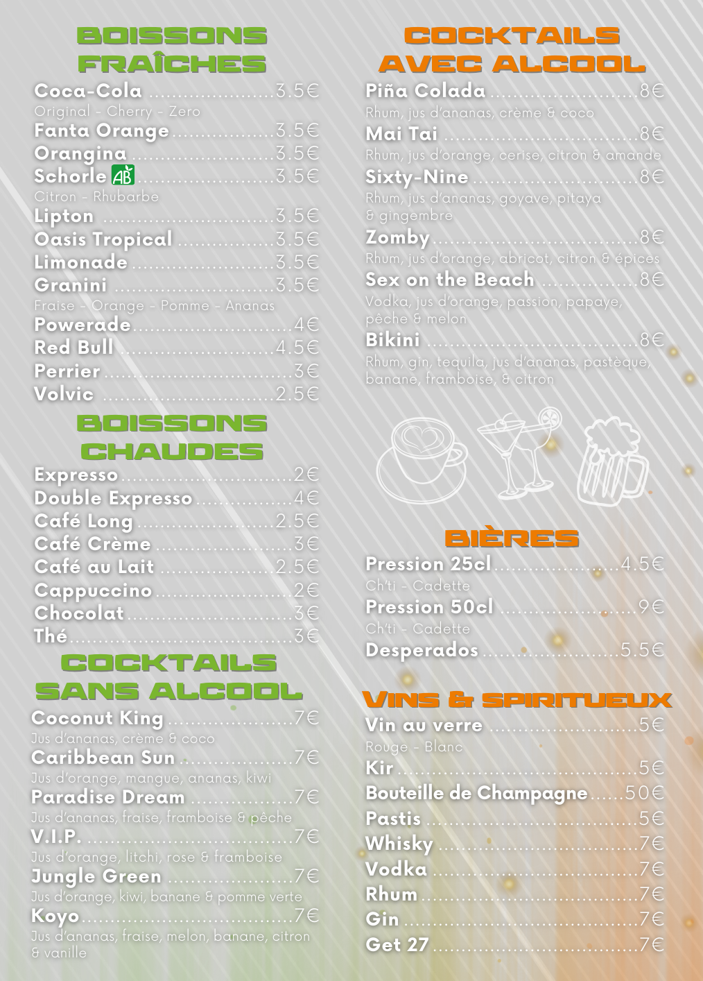 Menu avec options de boissons et de nourriture, divisé en catégories avec les prix indiqués.